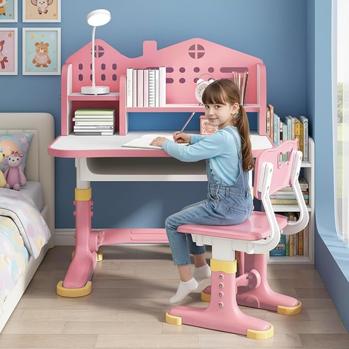 Kids Ergonomic Desk and Chair Set, Height Adjustable School Study Table with Bookshelf, Drawer and Spine Support Backrest, Kids Desk and Chair for Bedroom&Study Room (Pink C)