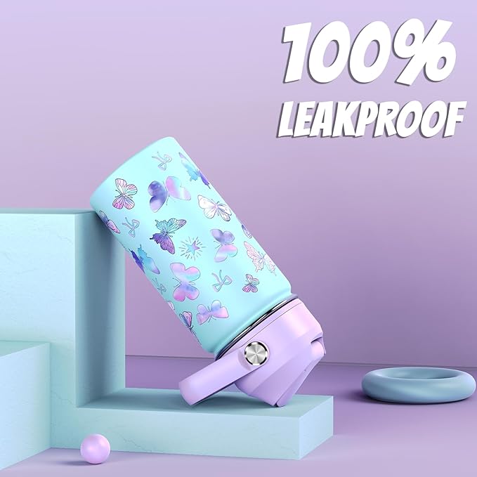 14oz Kids Insulated Water Bottle with Straw Lid - 18/8 Stainless Steel Kid Cup Travel Tumbler Double Wall Vacuum Leak Proof Portable Toddler Water Bottle (Butterfly+Mermaid）