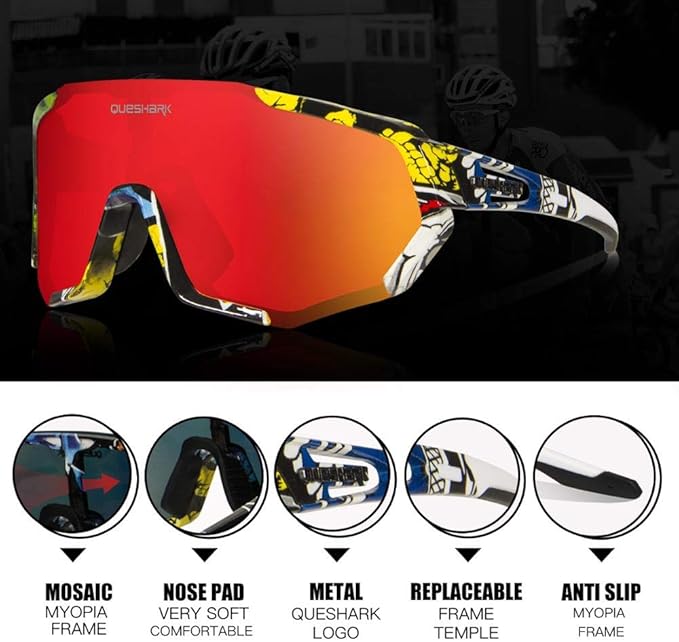 Queshark Cycling Glasses, Sports Sunglasses for Men Women, 1 Polarized 2 HD Lens, Polarized Sunglasses for Cycling Running