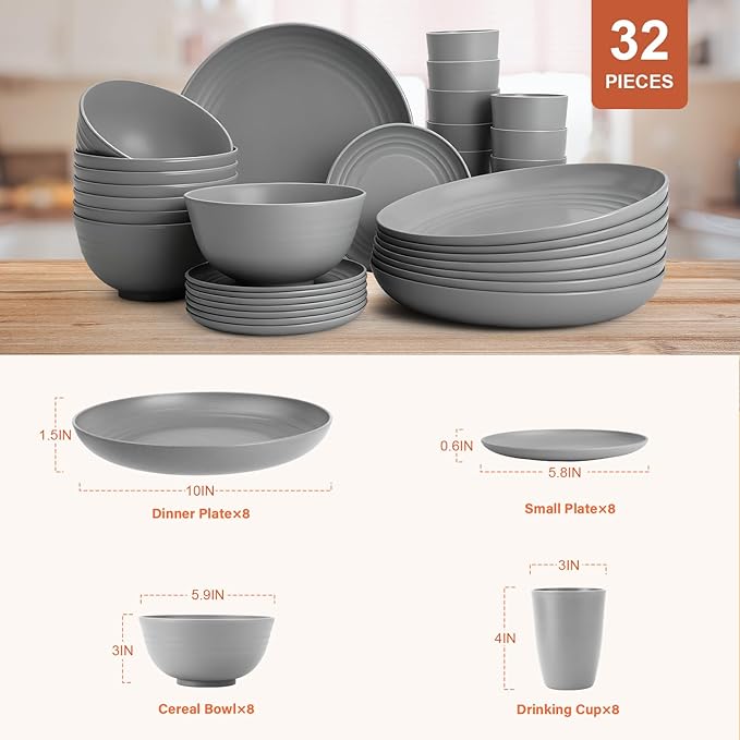 Wheat Straw Dinnerware Set 32 PCS, Dinner Plates,Dessert Plates, Drinking Glasses, Wheat Straw Bowls Set, Microwave and Dishwasher Safe Dishes Set for 8 for Outdoor, Camping, Picnic - Grey