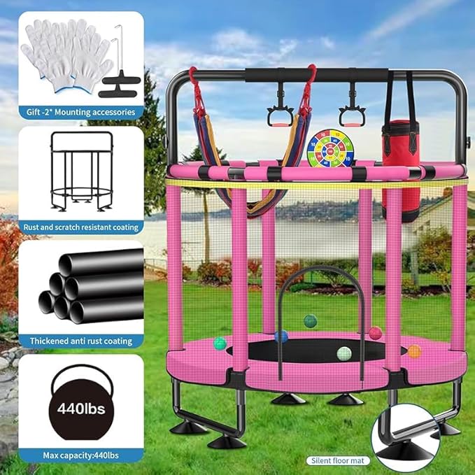 Trampoline for Kids, Upgrade Full Anti-Rust 440lbs Indoor Outdoor Toddler Trampoline with Net, 55" Adjustable Baby Toddler Trampolines Accessories with 8 Toys Dart Board
