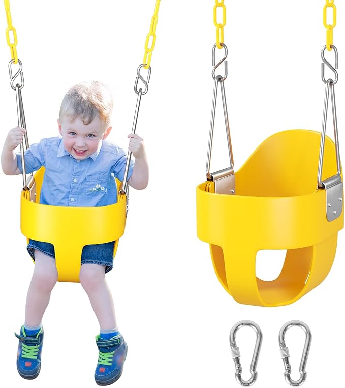 DECORLIFE Toddler Swing - High Back Full Bucket Seat for Ages 1-3, 330lb Capacity, Baby Infant Swing Outdoor with Safety Design, Plastic-Coated Chains, Carabiners for Backyard, Garden-Yellow