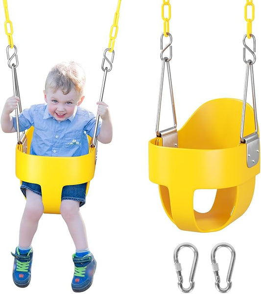 DECORLIFE Toddler Swing - High Back Full Bucket Seat for Ages 1-3, 330lb Capacity, Baby Infant Swing Outdoor with Safety Design, Plastic-Coated Chains, Carabiners for Backyard, Garden-Yellow