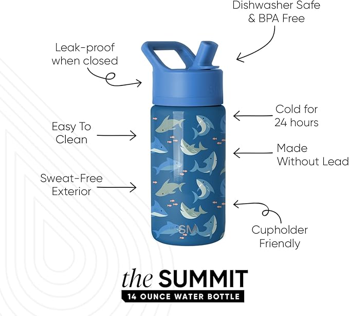 Simple Modern Kids Summit Water Bottle with Straw Lid | 14oz Stainless Steel Cup Insulated Tumbler for Toddlers, School | Shark Shiver