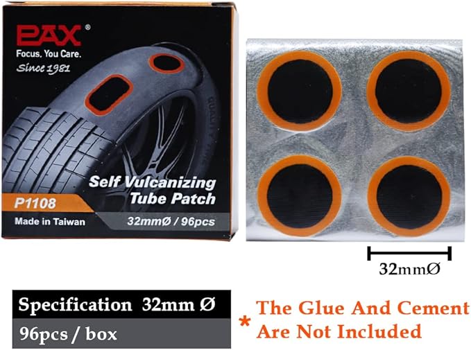 PAX 96 Pcs 32mmØ Round Inner Tire Tube Patches, Puncture Flat Tire Repair Patch for Bicycle, Motorcycle, Scooter, BMX, ATVs, River Floating, Inflatable Rubber, Trolley, Wheelchairs, Lawn Mower