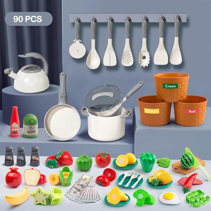 90Pcs Kitchen Playset Accessories, Pretend Cooking with Pots, Pans, Cookware, Food, Fruit, Veges, Color Sorting Baskets, Prop Money, Learning Gift for Girls Boys Toddlers (White)