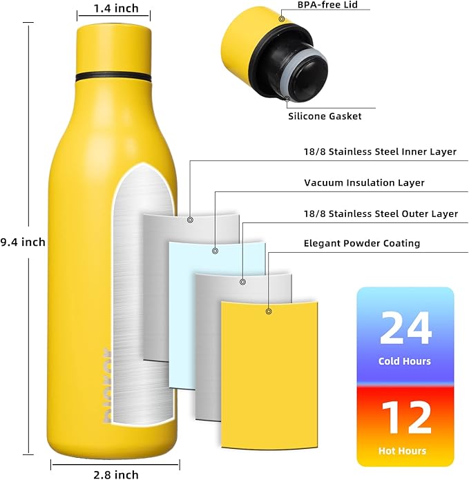 BJPKPK Insulated Water Bottles, 18 oz Stainless Steel Metal Water Bottle with Strap, BPA Free Leak Proof Thermo, Mugs, Flasks, Reusable Water Bottle for Sports & Travel, Yellow