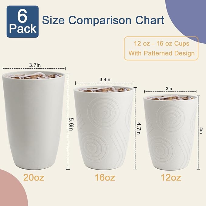 Drinking Glasses - Wheat Straw Cups Unbreakable Plastic Tumbler Set of 6 Alternative to Plastic Glasses Drinking Reusable Drinking Cup Dishwasher Safe Water Glasses Cups 12 OZ - White