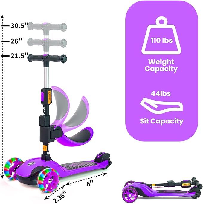 GLAMUP Kids Scooter, 2-in-1 Folding Kick Scooters, Adjustable Height, Safety Lock, 3 Wheel Kick Scooter for Boys and Girls Ages 3-14