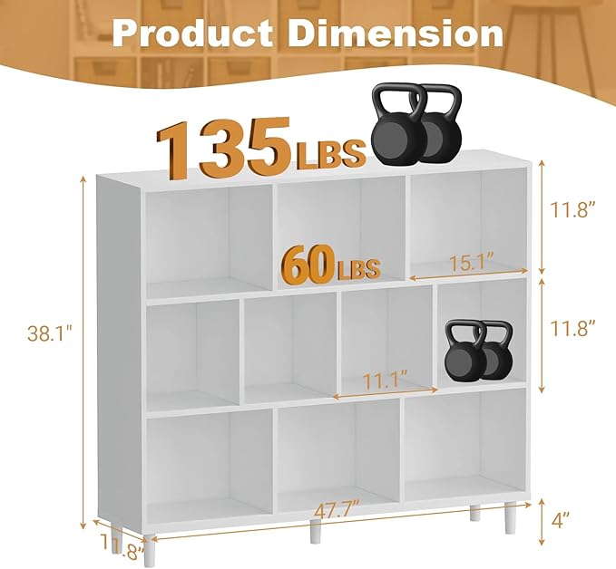 10 Cube Storage Organizer |Wide Bookshelf|3 Shelf Bookcase |Library Bookcase -Cubic Storage Cabinet（Storing Books,Toys & More Easy to Install）