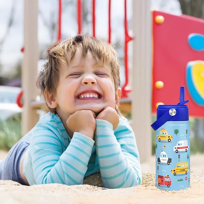 Transportation Kids Water Bottle With Straw Lid 12oz Insulated Stainless Steel, Travel Tumbler, Gifts For Boys, Birthday, Christmas, Back To School