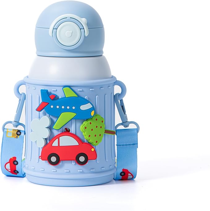 Kids Insulated Tumbler Set – 16 oz Stainless Steel Bottle with 2 Lids (Straw + Pour), Screw-On Cup, Adjustable Strap, Silicone Sleeve + 8 Charms – BPA-Free, Gift-Ready (Car Race)