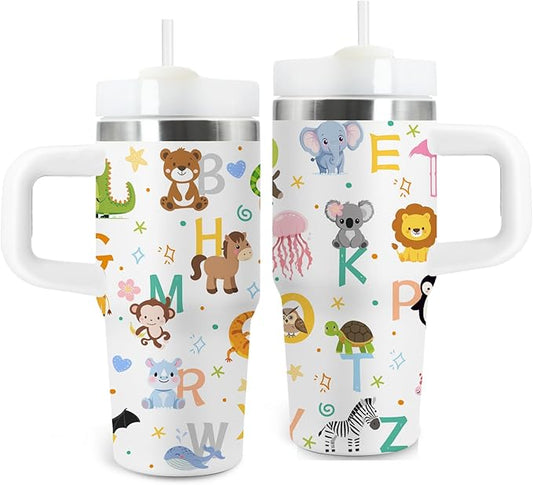 14 oz Kids Animal Alphabet Tumbler with with Handle Straw Lid, Stainless Steel Insulated Water Tumbler, Abc Letters Stuff, for Sports, School, Travel - Back to School Children Birthday Gifts Cups(1pc)