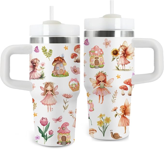 Fairy Gifts for Girls - 14 Oz Kids Tumbler with Handle and Straw, Stainless Steel Vacuum Insulated Tumbler, Sweatproof, for Sports, School, Travel - Birthday Gifts for Children Girls Cups(1pc)