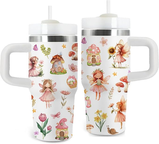 Fairy Gifts for Girls - 14 Oz Kids Tumbler with Handle and Straw, Stainless Steel Vacuum Insulated Tumbler, Sweatproof, for Sports, School, Travel - Birthday Gifts for Children Girls Cups(1pc)