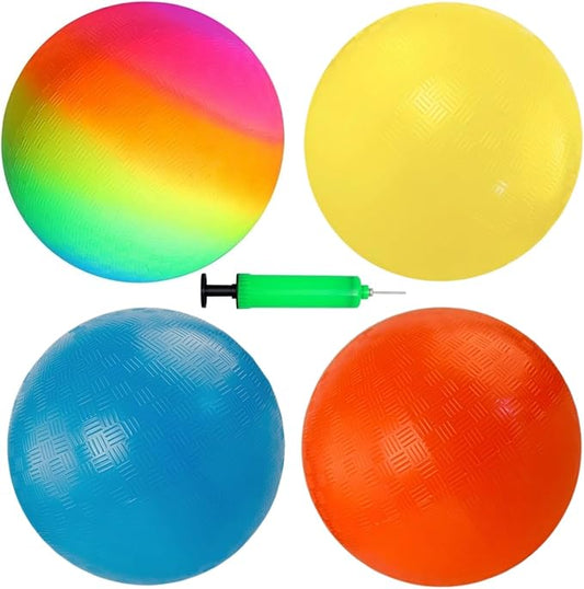 4 Pack Playground Ball, 8.5 Inch Rainbow Kickball for Kids Adults Indoor & Outdoor Dodgeball Handball Four Square Ball Schoolyard Game with Hand Pump