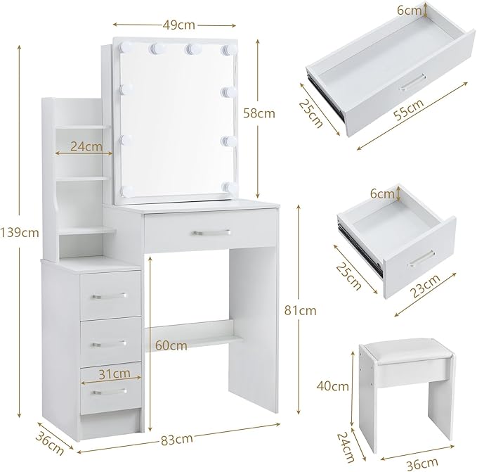 Makeup Vanity Desk with Sliding Mirror and Lights, Small White Vanity Desk with 3-Color Light Adjustable Brightness, 4 Drawers & Open Shelves, Vanity Desk for Bedroom, Girls & Women