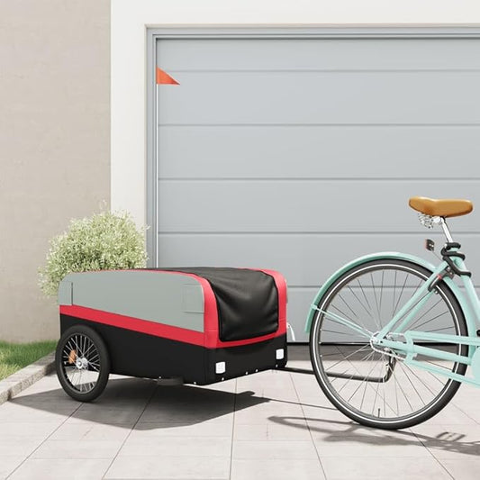 Bike Trailer Bicycle Cargo Trailer, Bike Wagon Trailer, Bike Cart with Safety Flag, Black and Red 99.2 lb Iron, 53.9"x27.2"x23.2"