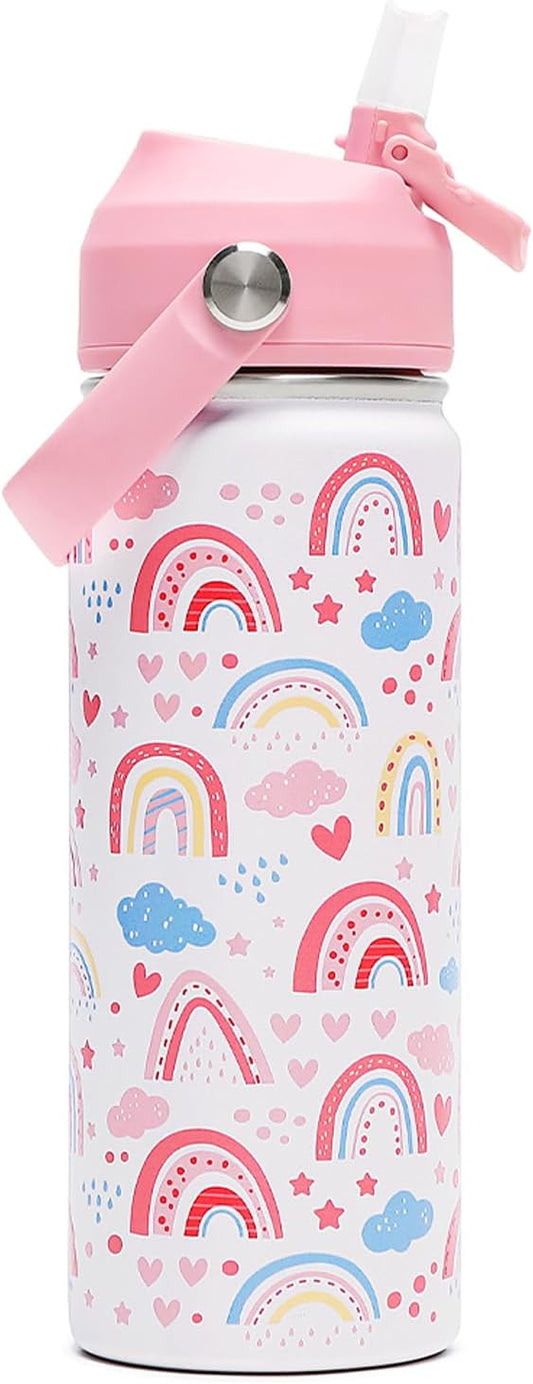 18oz Kids Insulated Water Bottle with Straw Lid - 18/8 Stainless Steel Kid Cup BPA-FREE Travel Tumbler Double Wall Vacuum Leak Proof Portable Toddler Water Bottle(Rainbow)