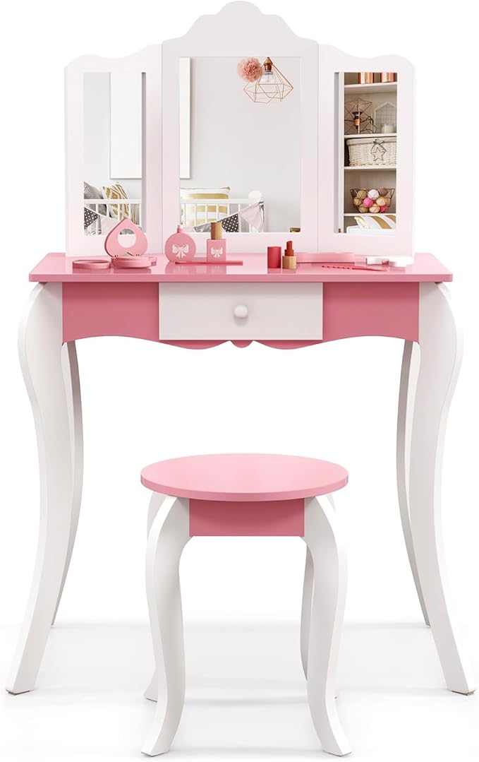 HONEY JOY Kids Vanity, Toddler Wooden Makeup Vanity Table & Chair Set, Tri-Fold Princess Mirror, Little Girls Vanity Set with Mirror and Stool (Pink)