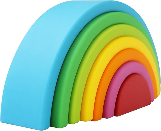 Silicone Stacking Toys for Babies, Soft Rainbow Stacker, Montessori Nesting Blocks Soft Building Toys Colorful Sensory Toys for Creative Play, for Toddlers, 7CPS