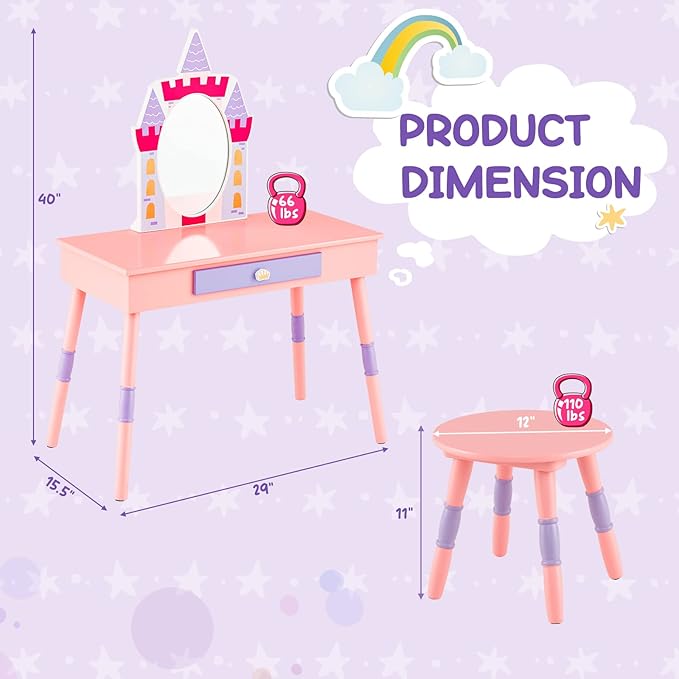 HONEY JOY Kids Vanity Set, Castle Pretend Play Vanity Table & Chair Set w/Drawer, Princess Makeup Dressing Table for Toddlers, Rich Accessories, Girls Vanity Set with Mirror and Stool, Pink