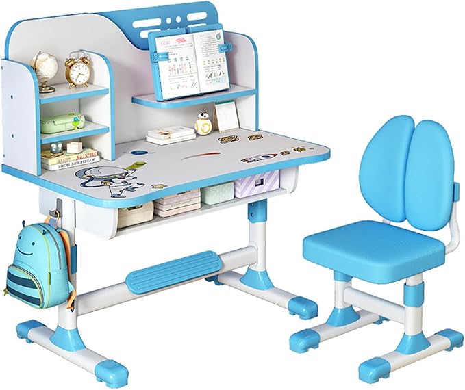 Kids Ergonomic Desk and Chair Set, Height Adjustable School Study Table with Bookshelf, Drawer and Spine Support Backrest, Kids Desk and Chair for Bedroom&Study Room (Blue)