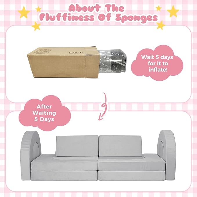 12 Pcs Modular Kids Play Couch, Toddler Couches That Fold Out, Plush Foam Chair for Children’s Playroom, Velvet Fabric Convertible Foam and Floor Cushion for Boys and Girls (Gray,07)