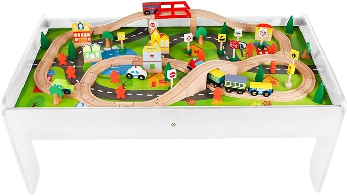 Wooden Train Set with Table 90 Pieces Wooden Kids Activity Toy Table Playset with Reversible Detachable Tabletop, Tracks, Train, Railway, City, Gift for Toddler Boys Girls Ages 3+