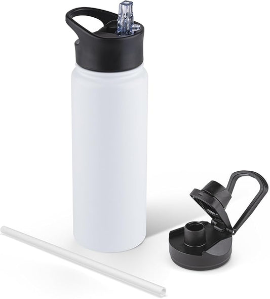 24 oz Insulated Water Bottle with Straw Lid & Wide Mouth Lids, Stainless Steel Sports Water Bottles, Double Walled Vacuum, Leak Proof, White