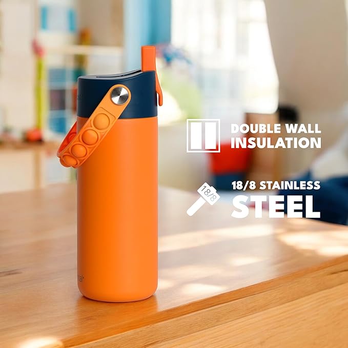 Elemental Insulated Kids Water Bottle, Stainless Steel Water Bottle with Straw Lid & Pop-It Handle, Leak-Proof Water Bottles for School, Boys or Girls, Travelling and Sports, 18oz - Orange Tie Dye
