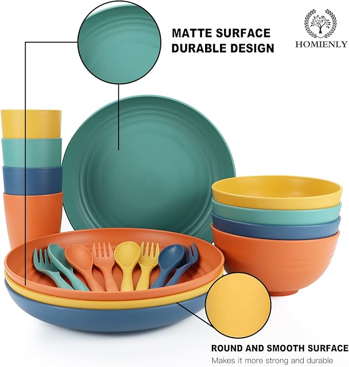 Homienly Wheat Straw Plates and Bowls Sets, 20 PCS Dishes Dinnerware Sets,Unbreakable Microwave and Dishwasher Safe Dish Set, Reusable Kids Plates and Bowls Sets for Kitchen, Outdoor, RV (Multicolor)