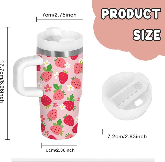Strawberry Gifts for Girls - 14oz Pink Kids Strawberry Tumbler with Handle and Straw, Stainless Steel Insulated Water Cup, for School, Travel - Strawberries Themed Children Birthday Gift Cup(1pc)