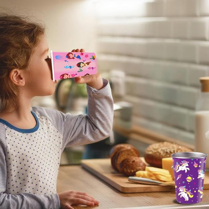 LOZACHE Stainless Steel Kids Cups, 4 Pack 12oz Metal Drinking Pint Cup with Fun Prints (Unicorn, Mermaid, Dinosaur, Vehicles), Stackable Drinking Glasses, BPA Free, Reusable for Home Party Camping