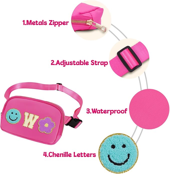 Fanny Pack for Girls Pink Kid Crossbody Bag Chenille W Letter Preppy Belt Bag, Christmas Birthday Easter Gifts for Teen Daughter Sister, Personalized Nylon Purse for 4 5 6 7 8 9 10 Year Old Girls