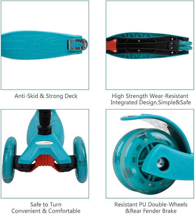 ChromeWheels Foldable Scooters for Kids, Deluxe Kick Scooter 4 Adjustable Height 132lbs Weight Limit 3 Wheel, Lean to Steer LED Light Up Wheels, Best Gifts for Girls Boys Age 3-12 Year Old