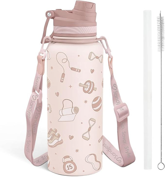 SANDJEST Workout Stainless Steel Water Bottle with Strap 32oz, Insulated Bottles with Straw and Spout Lid for Gym Sports Travel Outdoor, Gifts for Women Girls Birthday Christmas