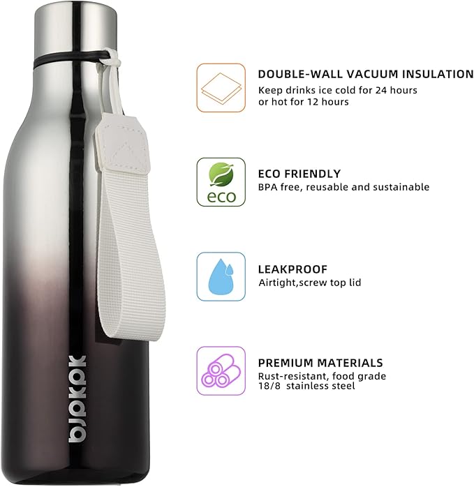 BJPKPK Insulated Water Bottles, 18 oz Stainless Steel Metal Water Bottle with Strap, BPA Free Leak Proof Thermo, Mugs, Flasks, Reusable Water Bottle for Sports & Travel, Silver Miner