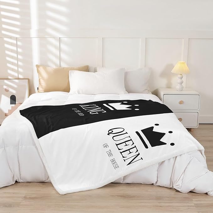 Crown Queen and King Plush Blanket His and Hers Matching Couple Sherpa Blanket Lover Romantic Valentine's Day Presents Fleece Throw Blanket Black and White Fuzzy Blanket Room Decor Throw 50x60 Inch