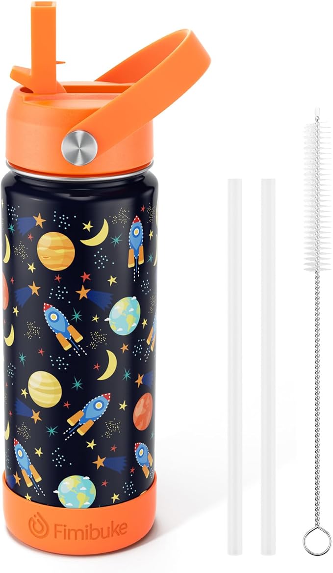 Fimibuke Kids Insulated Water Bottle, 18oz BPA FREE 18/8 Stainless Steel Kids Cup with Straw Travel Tumbler Double Wall Vacuum Leak Proof Toddler Water Bottle for School Boys Girls(1 Pack, Space)