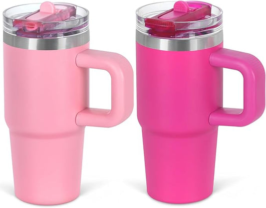Cosictic 14 Oz Flip Straw Tumbler with Handle for Kids, Stainless Steel Double Wall Insulated Cup for Children with Flip Top Lid, 14 Oz Leak-proof Cups for Kids, Hot Pink and Pink