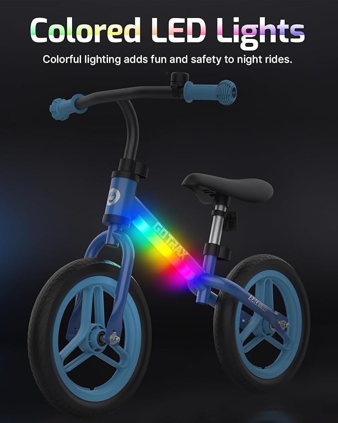 Gotrax KS12 Balance Bike for 2-5 Years Old, 12" Toddlers Bike with LED Light&Bell, Adjustable Soft Seat&Handlebar, Flat-Free Tires&Easy Assembly, Lightweight&No Pedal, Kids Toy Gift for Boys Girls