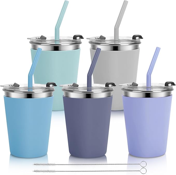 Stainless Steel Kids Cups with Lids and Straws Leakproof, 5 Pack 12oz Spill Proof Cups for Toddlers Kids Tumblers Unbreakable Sippy Cup with Straws for School, Outdoor