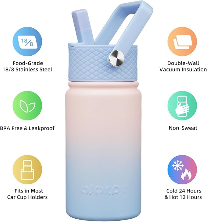 BJPKPK Insulated Water Bottle with Straw Lid, 15oz Cute Water Bottles, Stainless Steel Metal Thermo, Reusable BPA Free Leak Proof Tumblers, Cups,Sunset Clouds