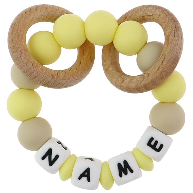 Personalized Baby Rattle Teether with Name, Customized Grasping Activity Shaker Grab Rattles, Early Educational Toys with Wood Teething Rings for Newborn Infant Toddler (Yellow)