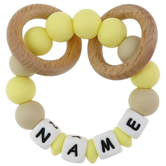 Personalized Baby Rattle Teether with Name, Customized Grasping Activity Shaker Grab Rattles, Early Educational Toys with Wood Teething Rings for Newborn Infant Toddler (Yellow)