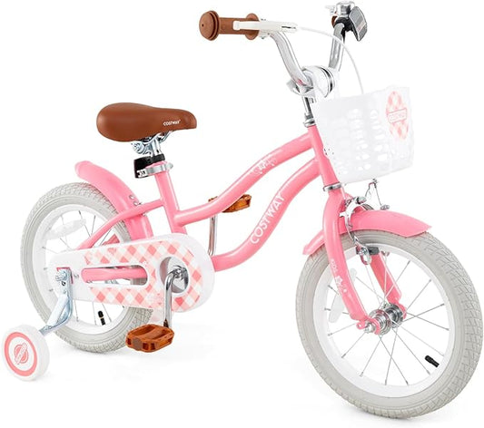 COSTWAY Kids Bike, 12 14 16 18 Inch Toddler Bike Children Bicycle w/Training Wheels, Hand & Coaster Brakes, Adjustable Saddle & Handlebar, Basket, Bell, Kids Bicycle for Girls Boys Aged 3-8 Years Old