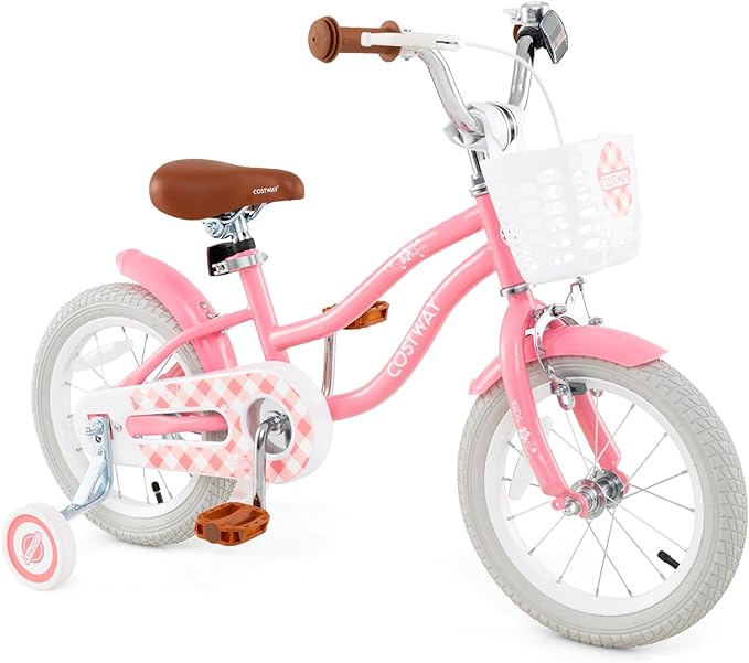 COSTWAY Kids Bike, 12 14 16 18 Inch Toddler Bike Children Bicycle w/Training Wheels, Hand & Coaster Brakes, Adjustable Saddle & Handlebar, Basket, Bell, Kids Bicycle for Girls Boys Aged 3-8 Years Old
