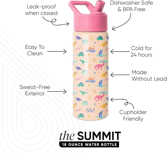 Simple Modern Kids Summit Water Bottle with Straw Lid | 18oz Stainless Steel Cup Insulated Tumbler for Toddlers, School | Dinosaura