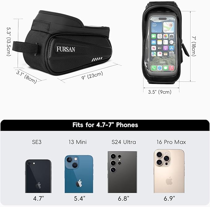 Bike Phone Holder Bags - Waterproof EVA Hard-Shell Front Top Tube Cycling Pouch, Sensitive TPU Touchscreen, Bike Frame Bag, Bicycle Phone Mount with Rain Cover, Bike Accessories, Fits 7-Inch Phones